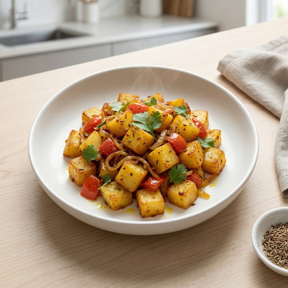 Spiced Aloo Bhujia with Tomatoes and Onions