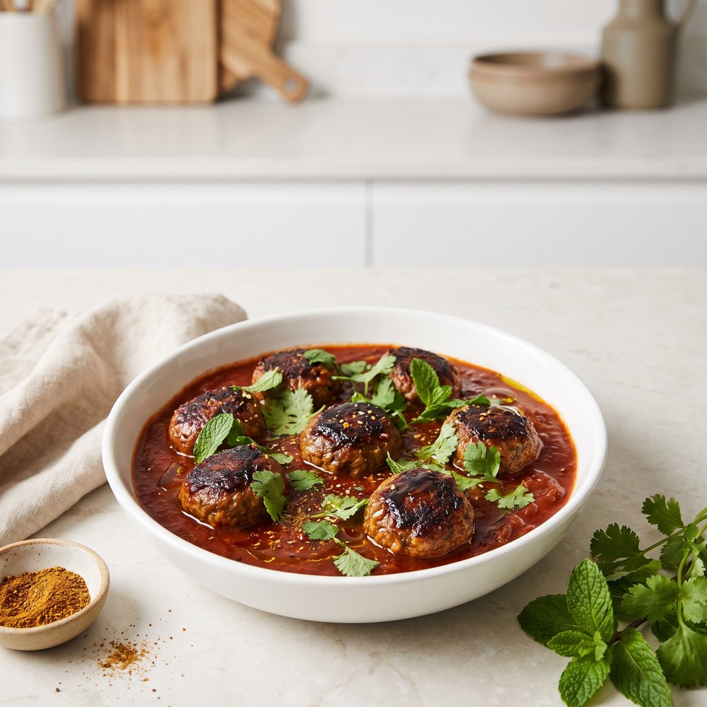 Spiced Lamb Meatballs with Fiery Eggplant-Tomato Sauce