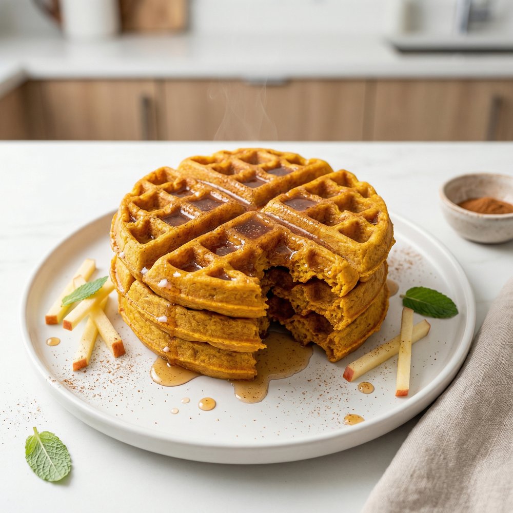 Spiced Pumpkin Waffles with Apple Cider Syrup