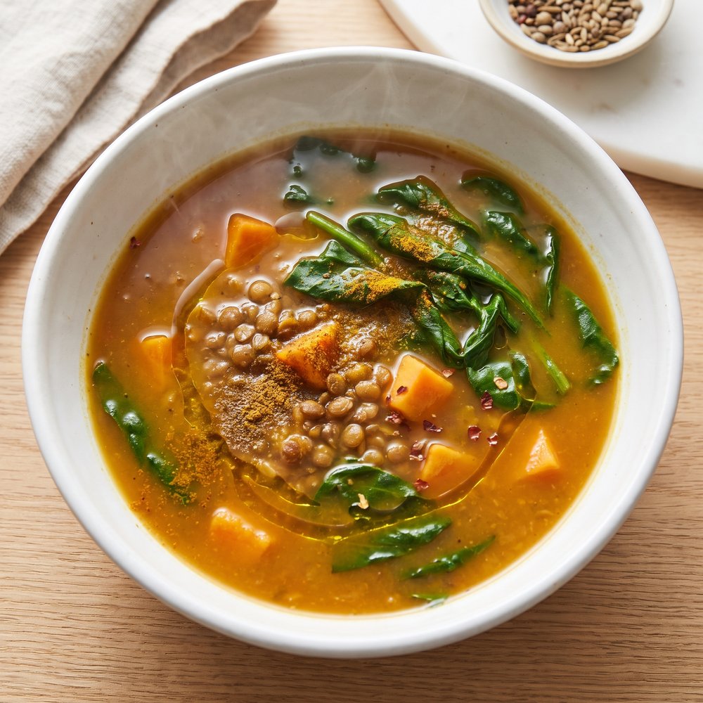 Spiced Sweet Potato & Lentil Soup with Spinach