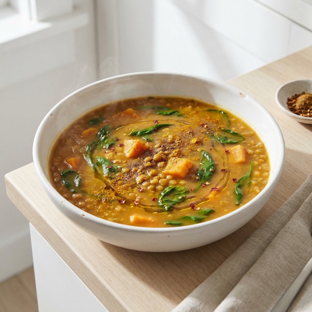 Spiced Sweet Potato & Lentil Soup with Spinach