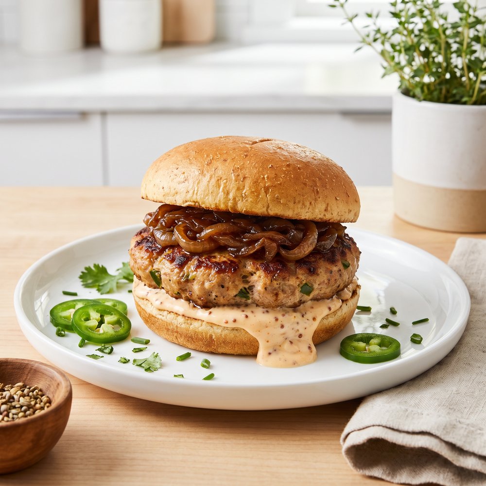 Spiced Turkey Burgers with Caramelized Onions and Hot Honey-Mustard Mayo