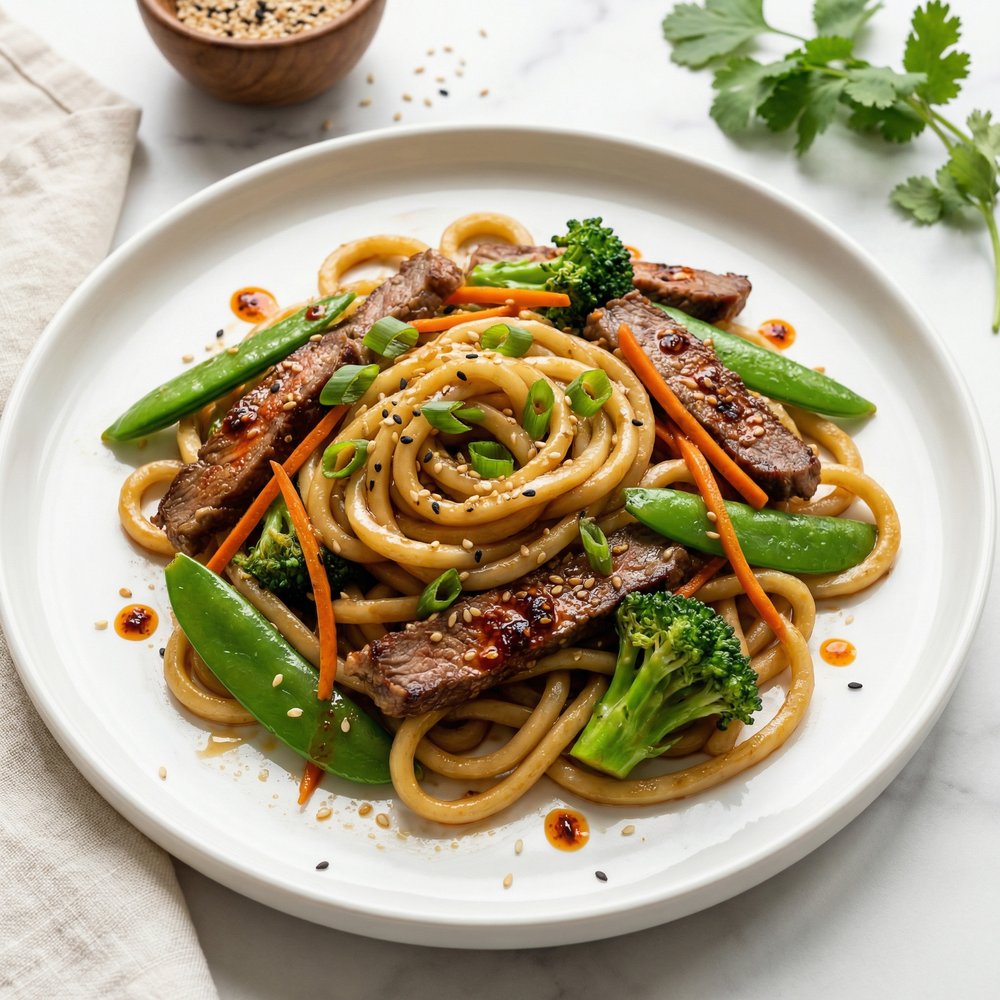 Chili-Infused Beef and Veggie Udon Stir-Fry