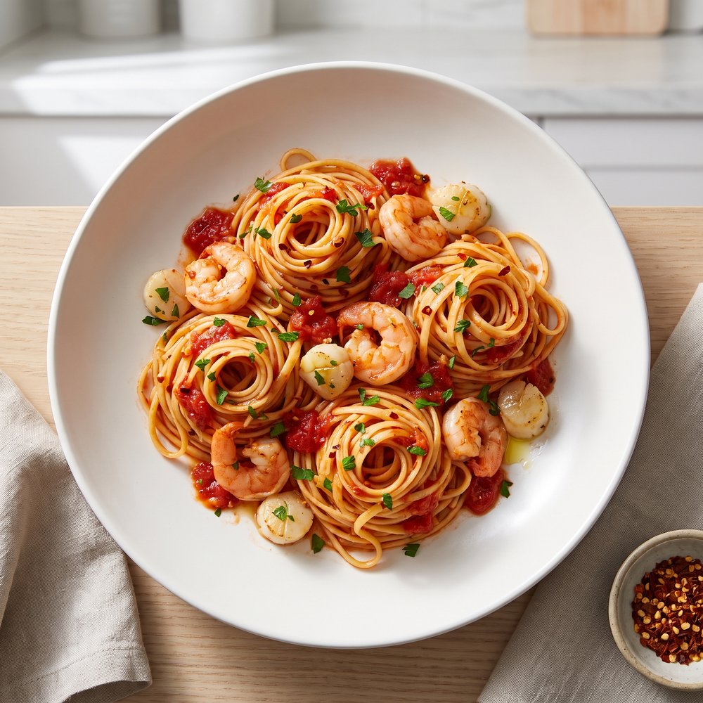 Spicy Fra Diavolo Pasta with Shrimp and Scallops