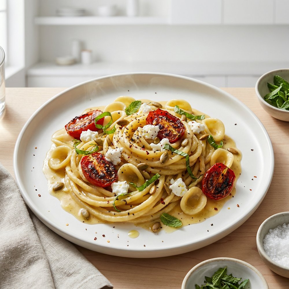 Gemelli with Spiced Pumpkin Seeds and Goat Cheese
