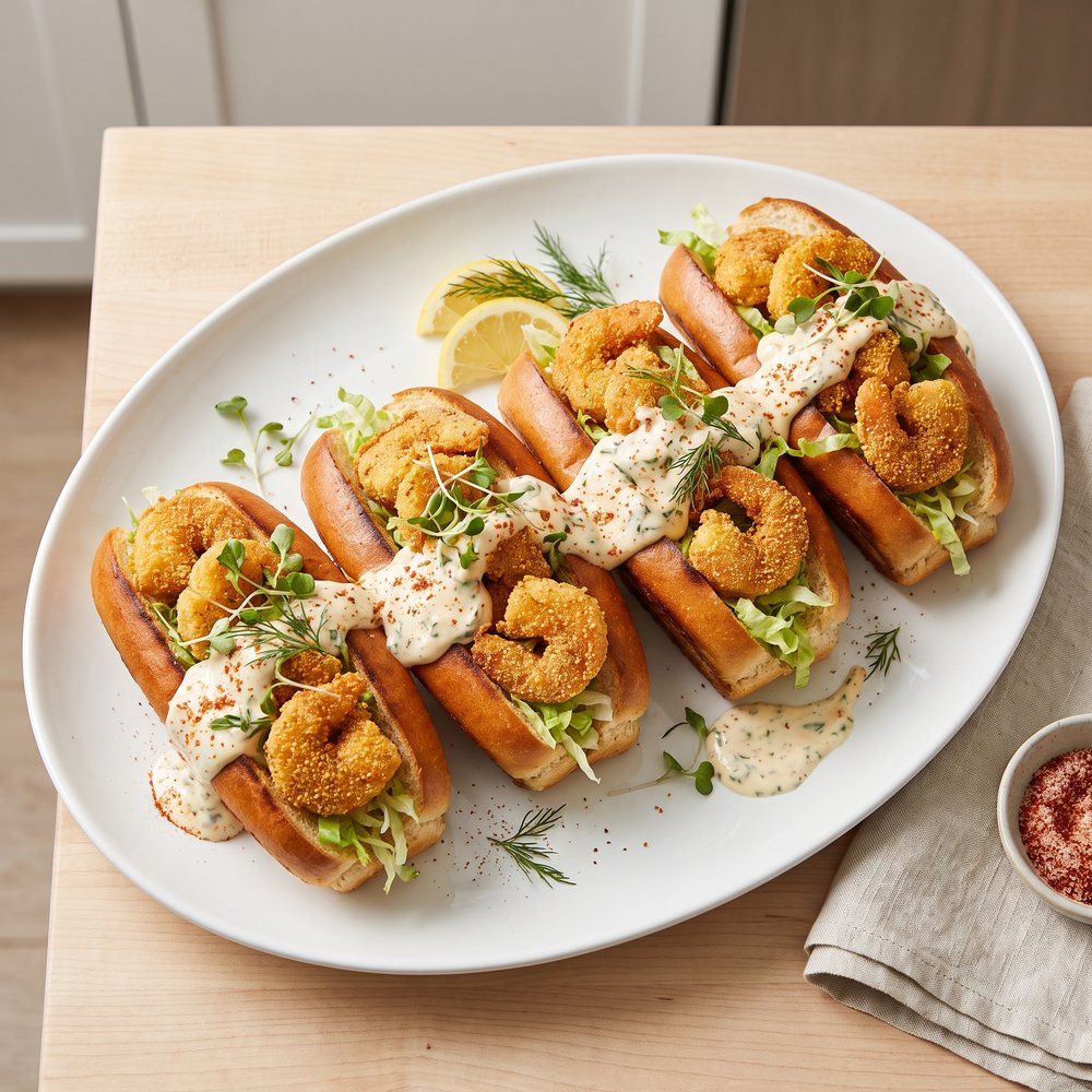 Spicy Shrimp Po’ Boy Rolls with Crab Aioli