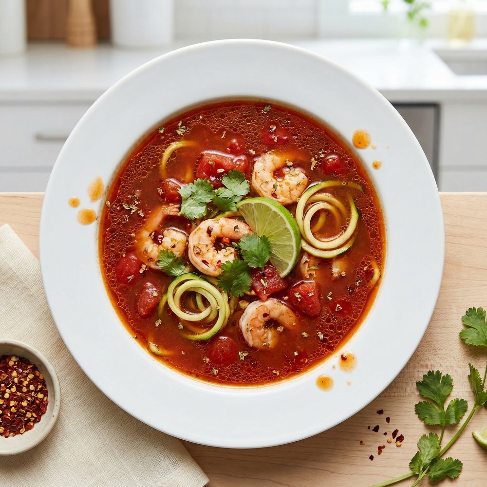 Spicy Shrimp Tortilla Soup with Zucchini Noodles