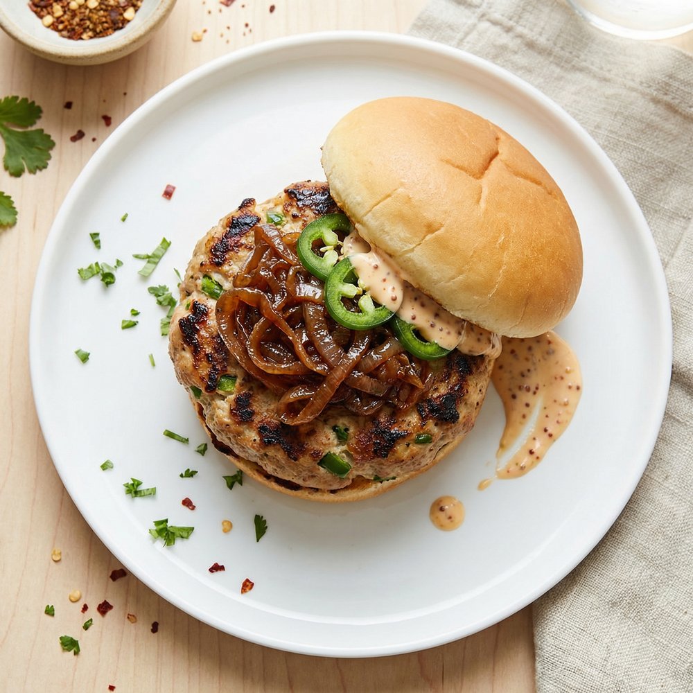 Spiced Turkey Burgers with Caramelized Onions and Hot Honey-Mustard Mayo