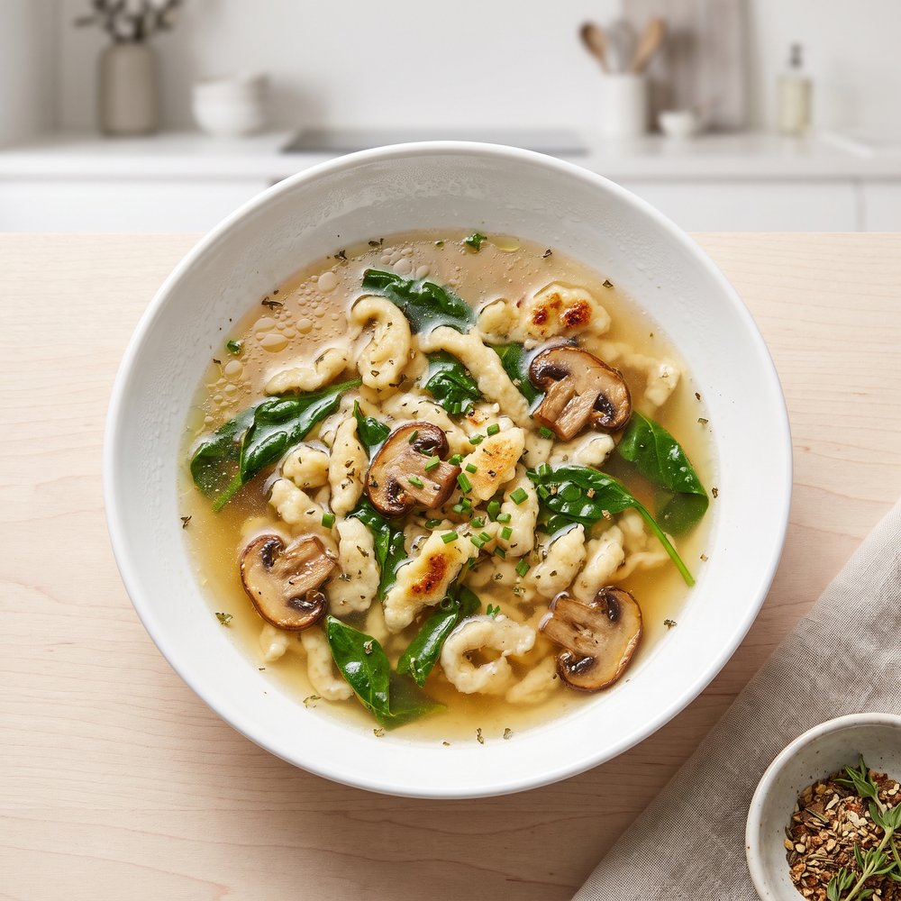 Spinach–Mushroom Soup with Herbed Spaetzle