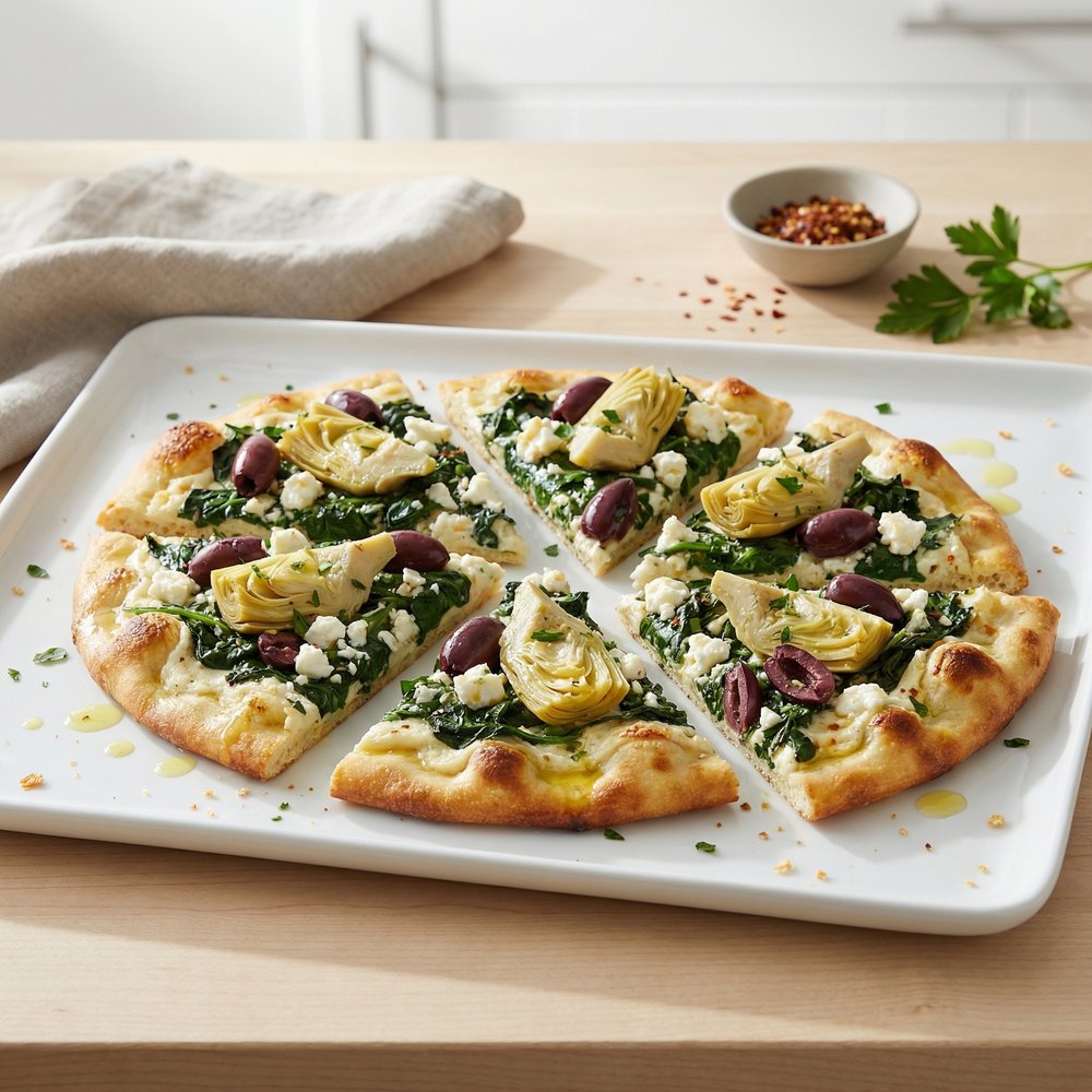 Greek-Inspired Spinach and Artichoke Flatbread