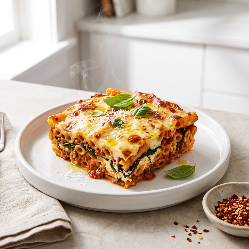 Spinach and Beef Baked Ziti Casserole