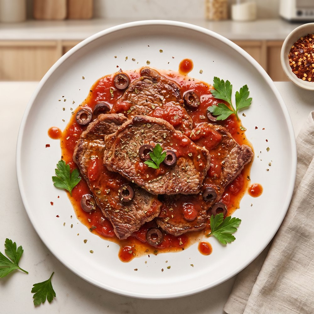 Steak alla Pizzaiola with Tomato, Olive, and Herb Sauce