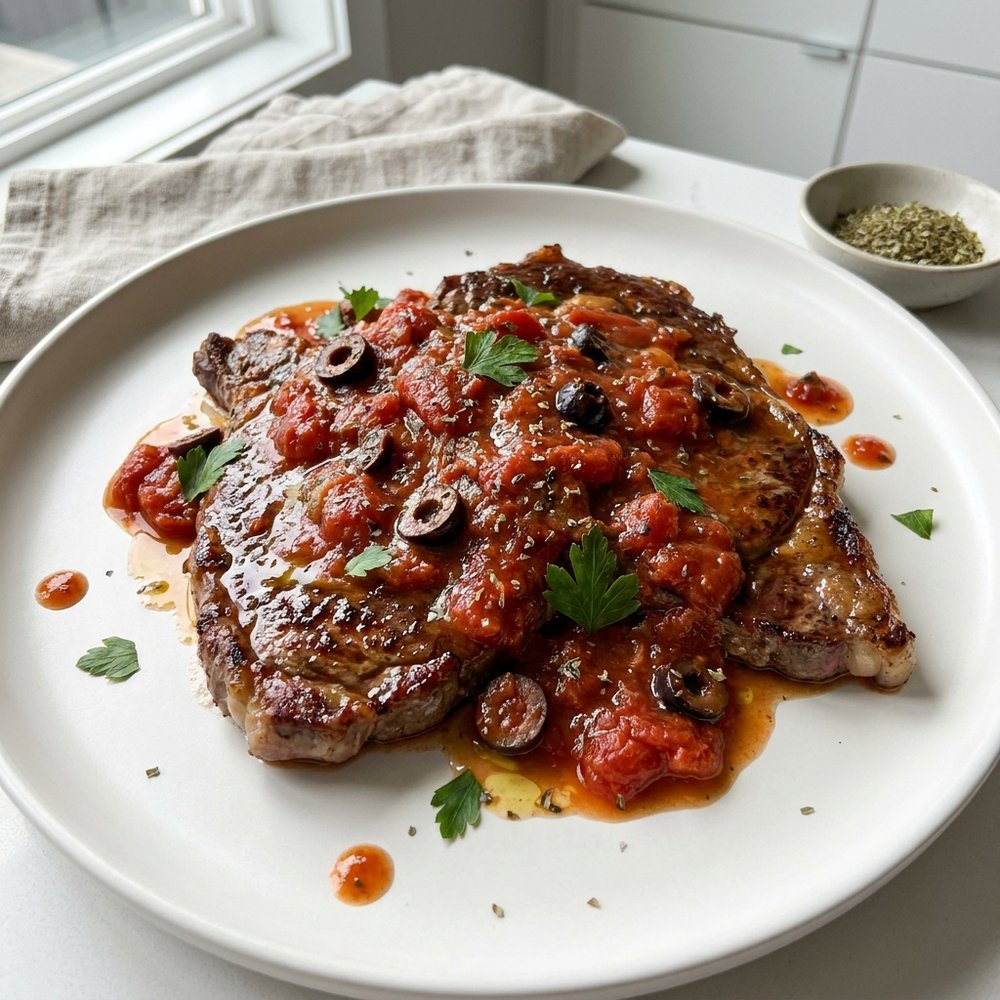 Steak alla Pizzaiola with Tomato, Olive, and Herb Sauce