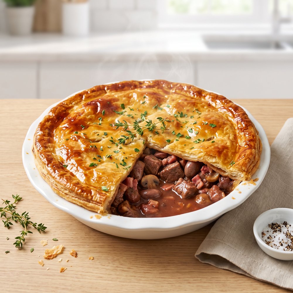Steak and Kidney Pie with Bacon and Mushrooms