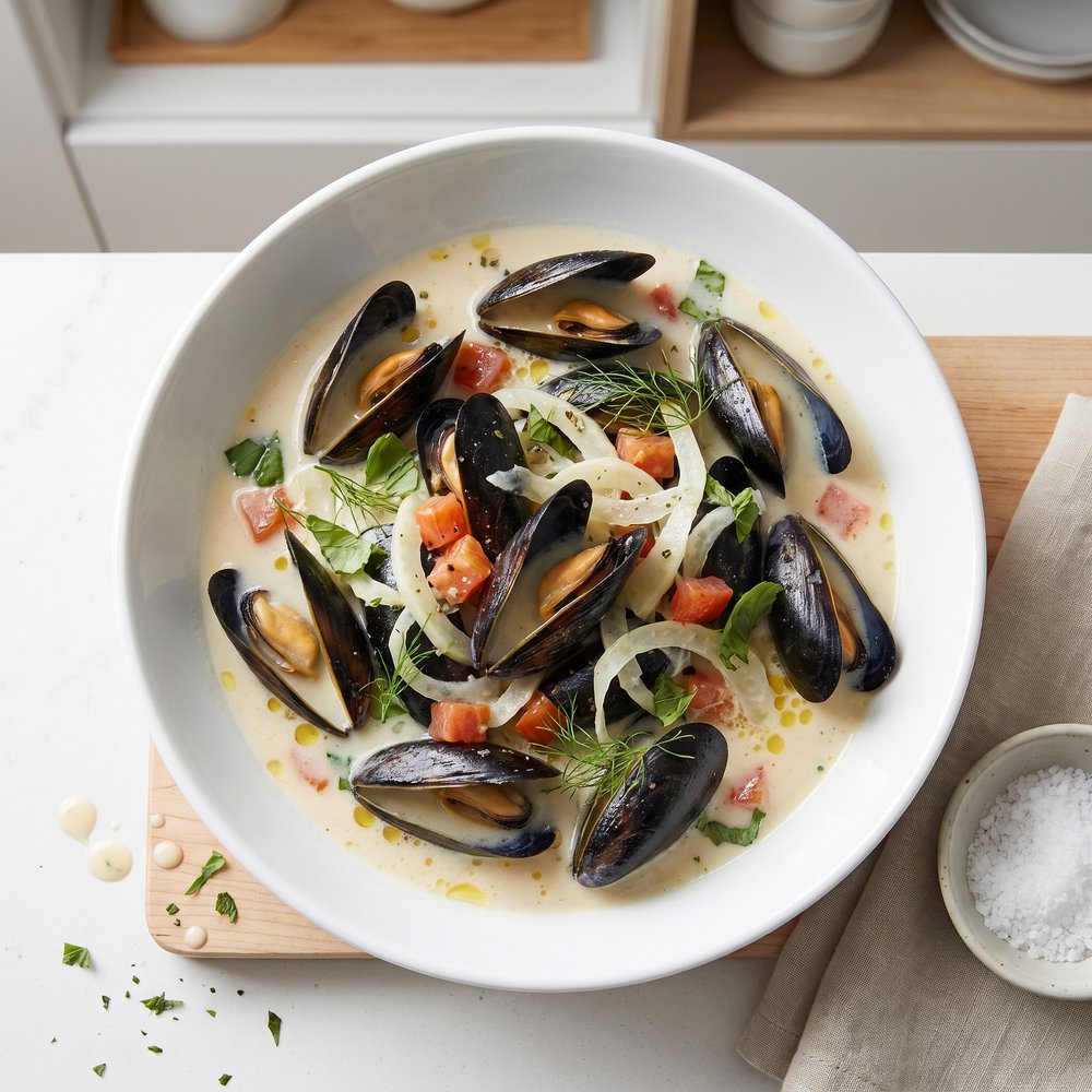 Steamed Mussels with Fennel, Tomatoes, Ouzo, and Cream