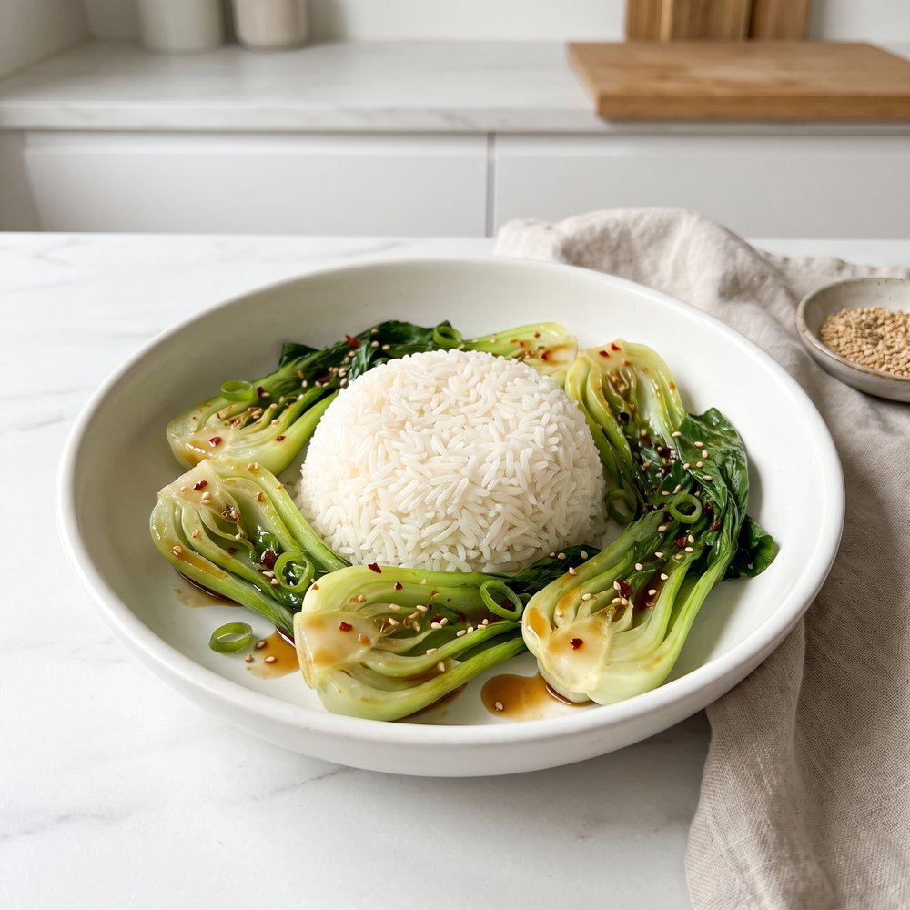 Steamed Rice with Bok Choy