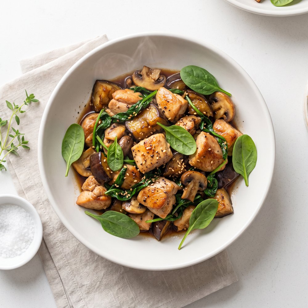Stir-Fried Chicken with Eggplant and Spinach