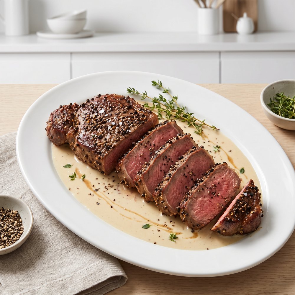 Strip Steaks with Creamy Peppercorn Pan Sauce