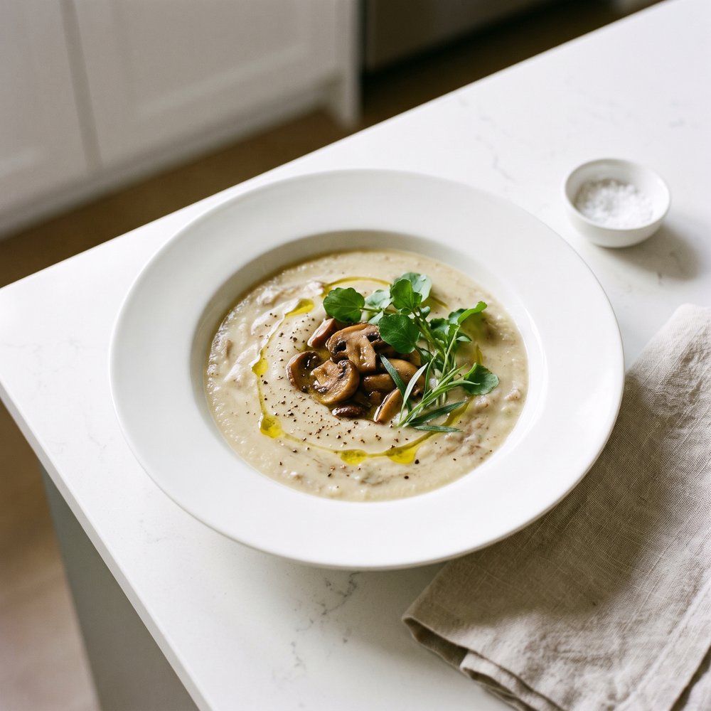 Sunchoke (Jerusalem Artichoke) and Leek Soup with Mushrooms