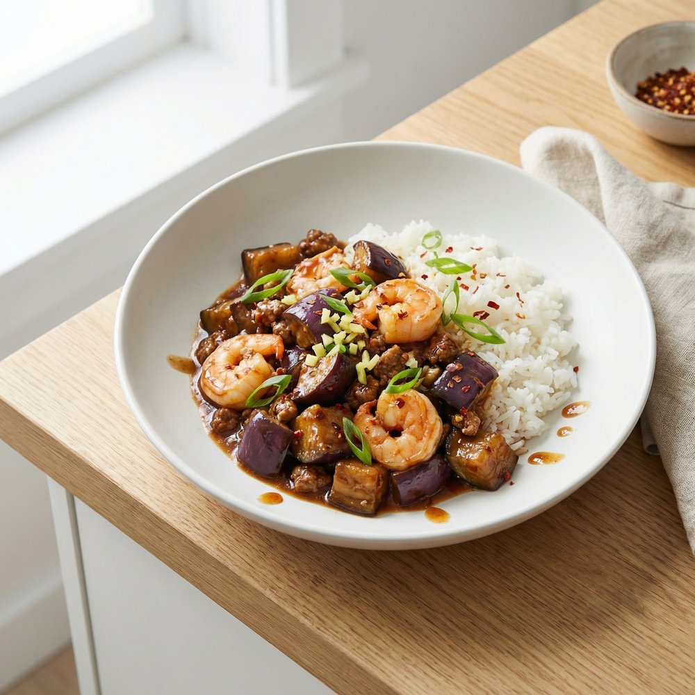 Sichuan-Style Spicy Eggplant with Shrimp and Beef