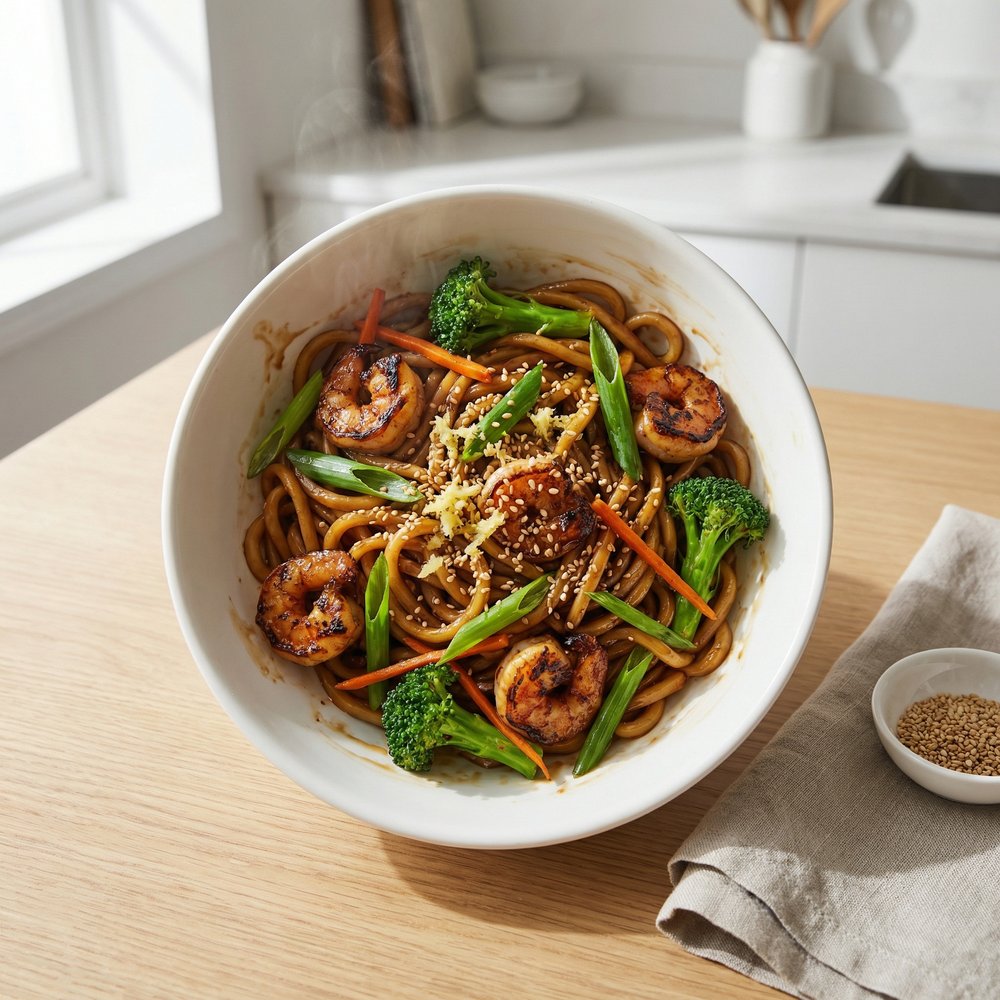 Shrimp Udon with Teriyaki Sauce