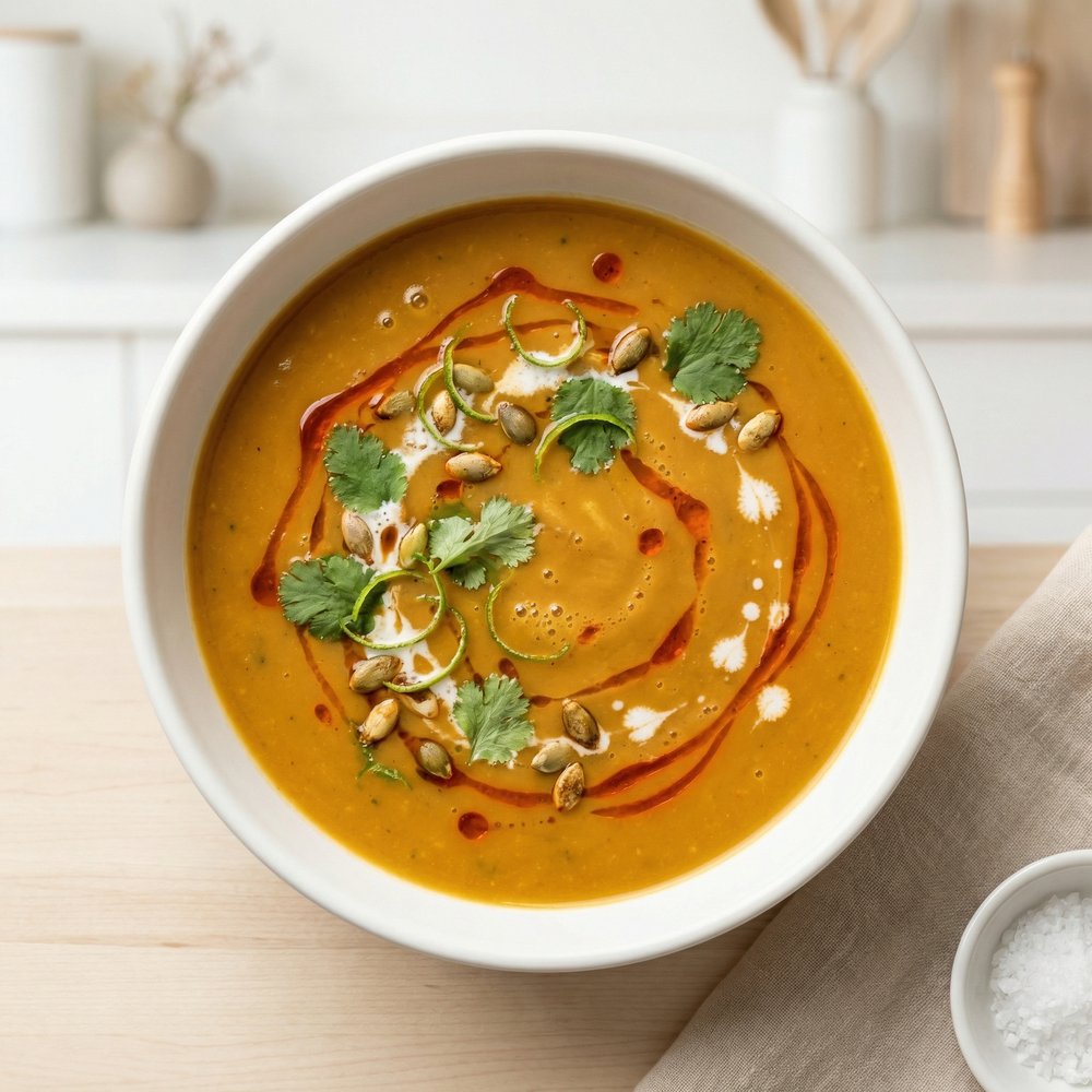 Coconut Pumpkin Soup (Vegan) with Red Curry and Basil
