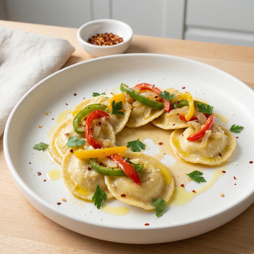 Cheese Ravioli with Three Pepper Topping