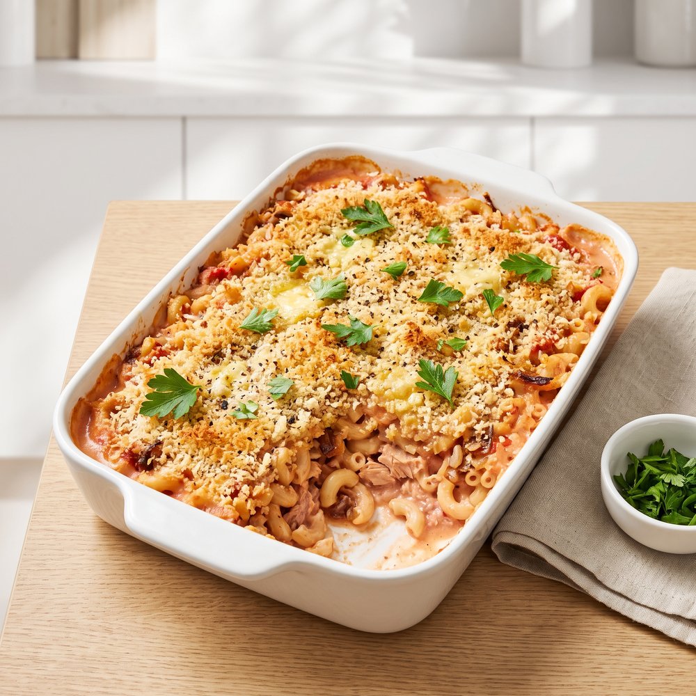 Tomato-Kissed Tuna Mac Casserole