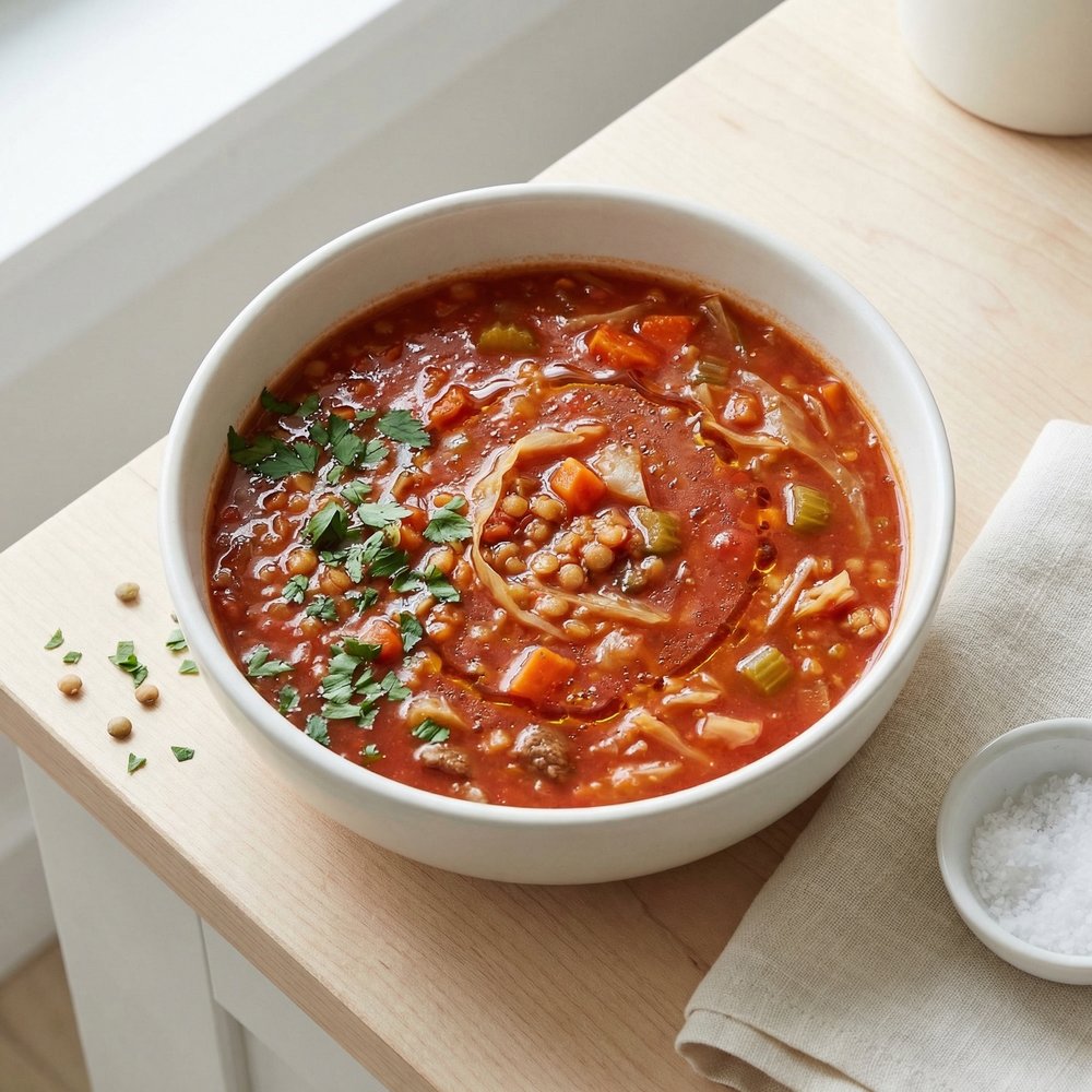 Rustic Beef, Lentil, and Cabbage Soup