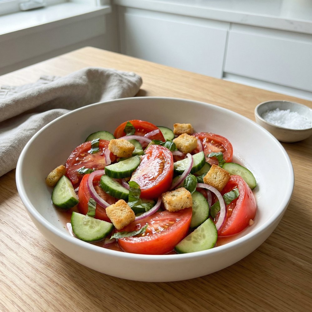 Tomato Cucumber Salad with Garlic Butter Croutons and Red Onion