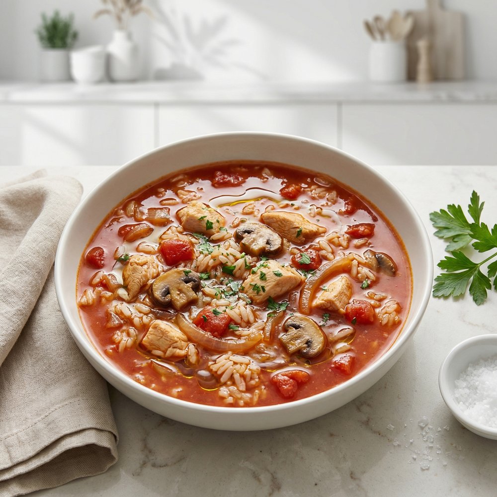 Rustic Chicken Cacciatore Rice Soup
