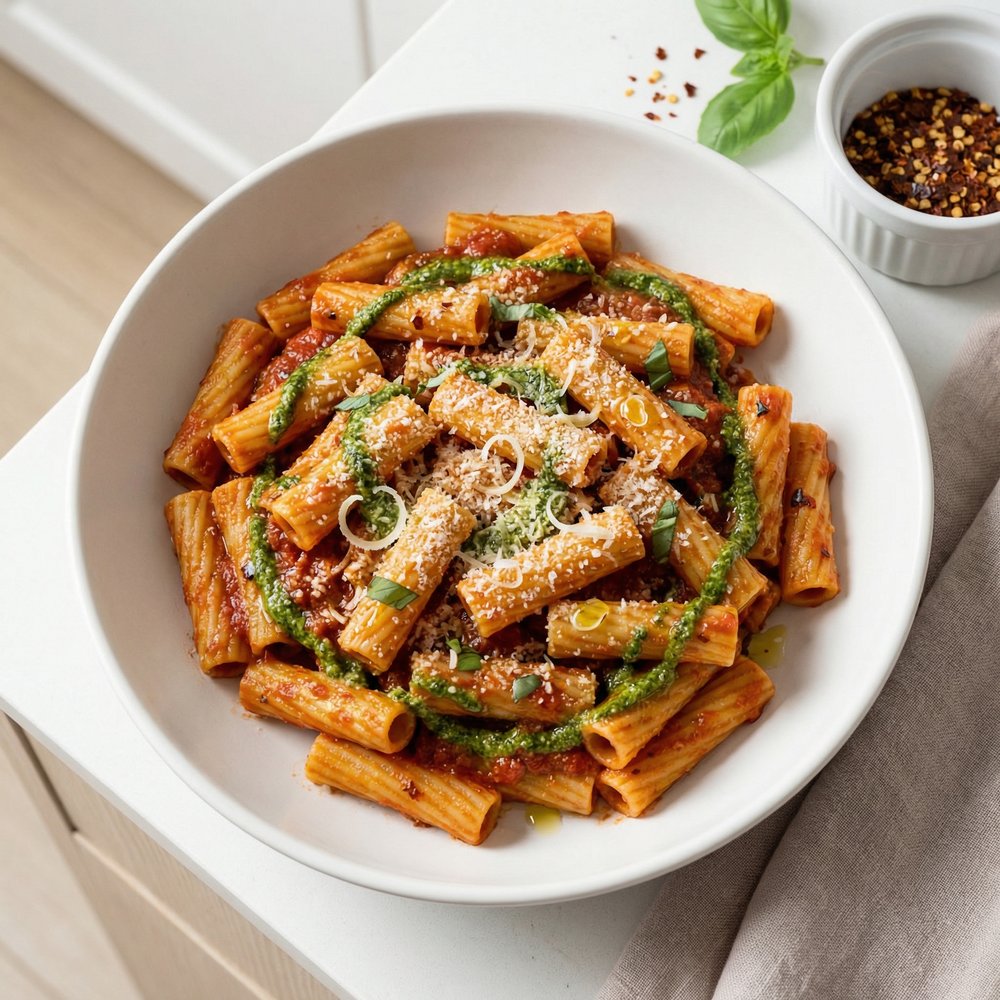 Ziti in Tomato-Basil Pesto Sauce