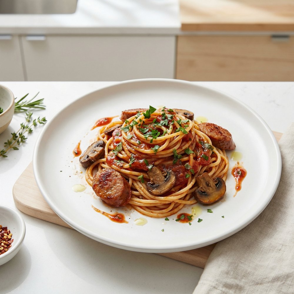 Spaghetti Topped with Tomato-Sausage Ragu