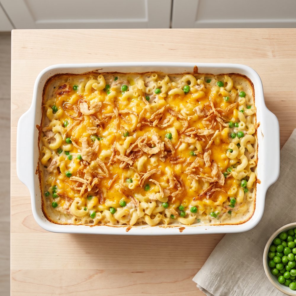 Tuna Mac-and-Cheese Bake with Crispy Onions