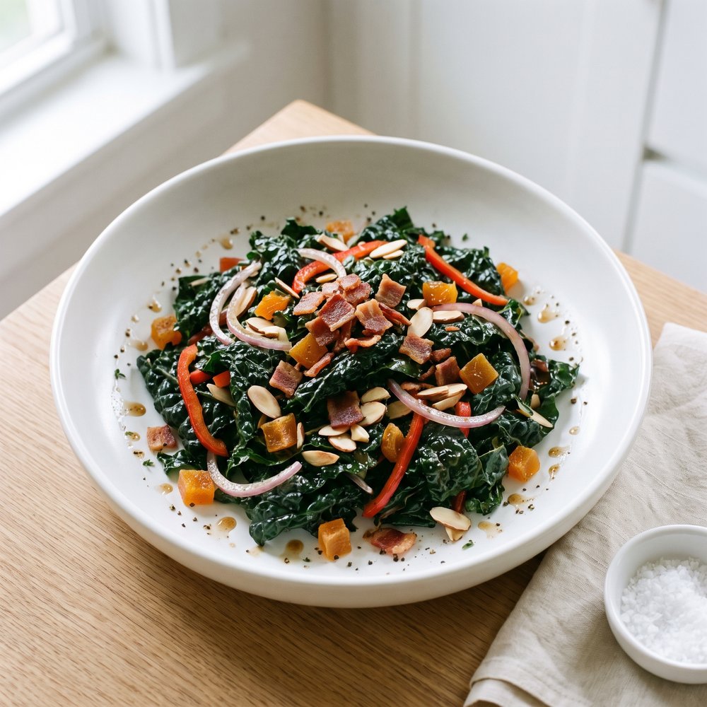 Tuscan Kale Salad with Warm Bacon Dressing