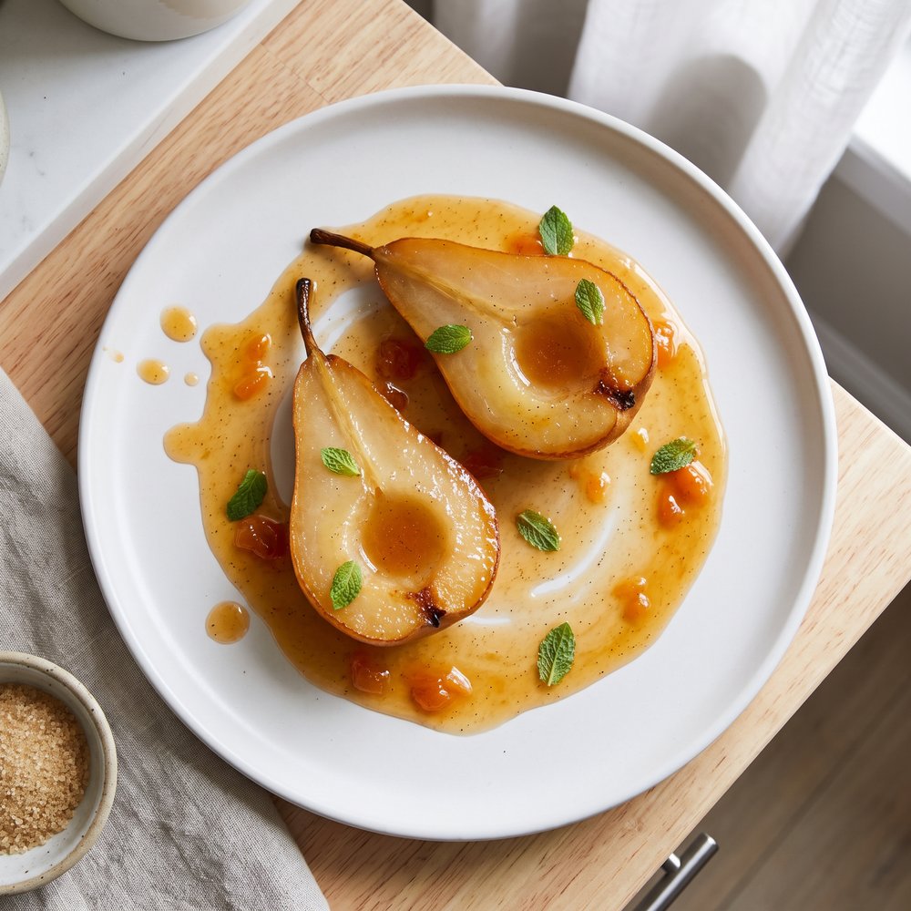 Vanilla-Poached Bosc Pears with Apricot Rum Sauce