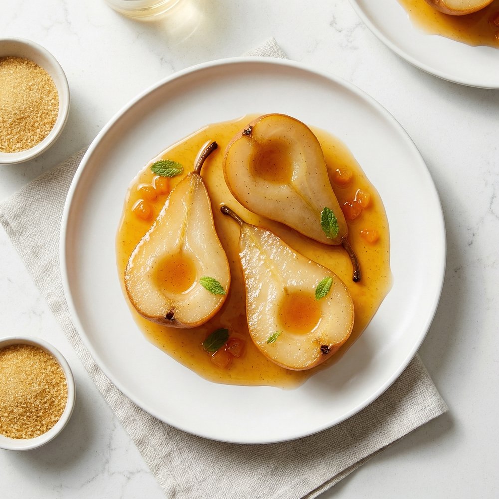 Vanilla-Poached Bosc Pears with Apricot Rum Sauce