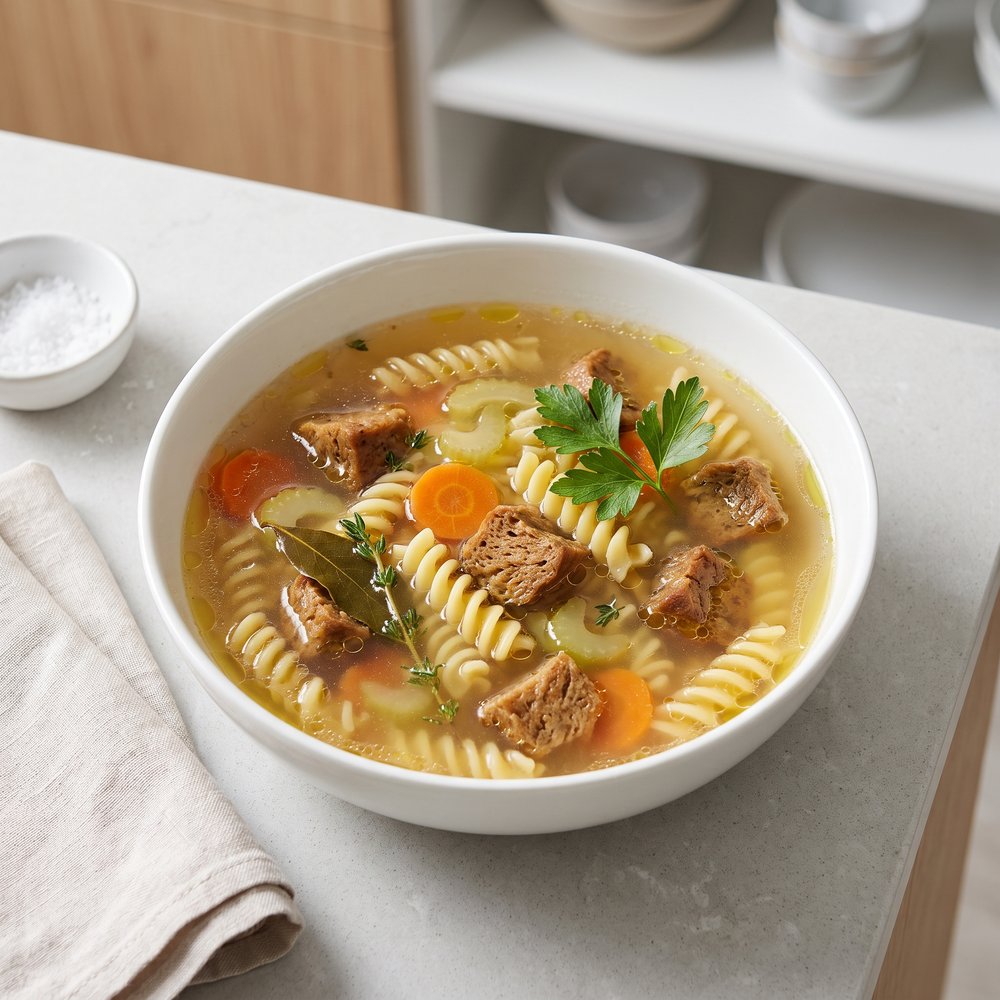 Vegan 'Chicken' Noodle Soup with Seitan