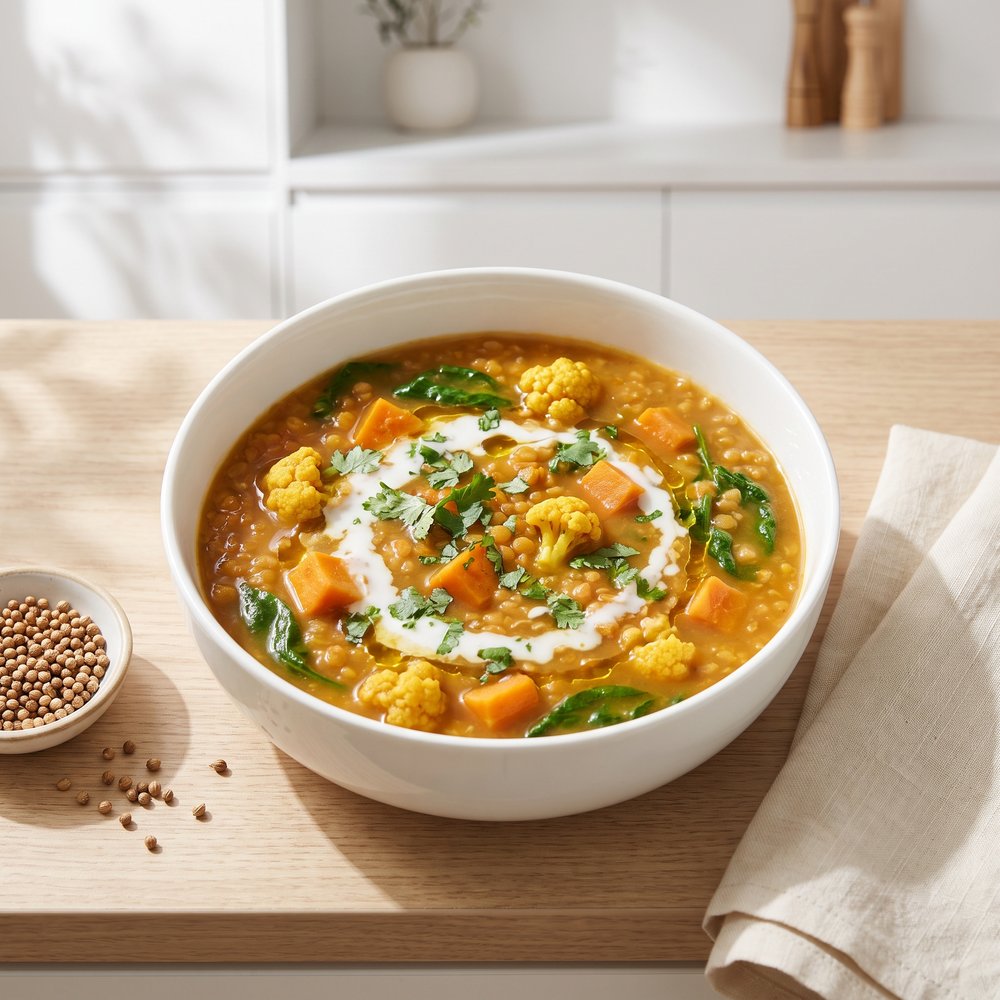 Vegan Lentil Soup with Curried Cauliflower and Sweet Potato