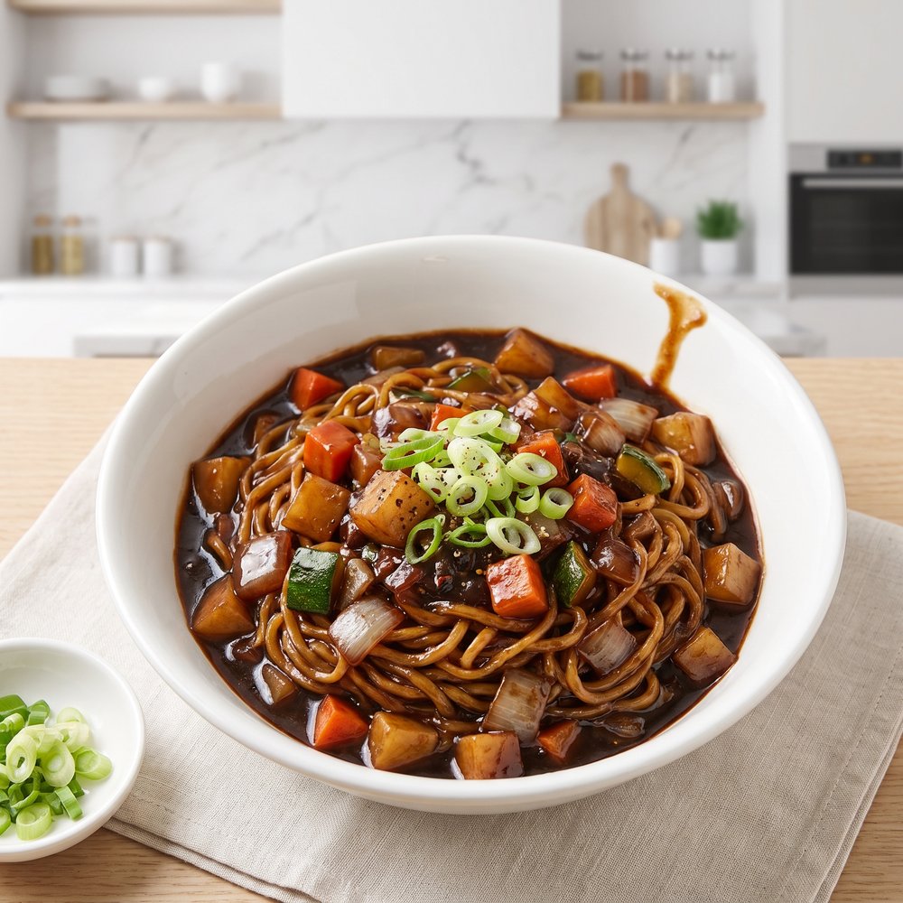 Vegetarian Korean Black Bean Noodles (Jajangmyeon)