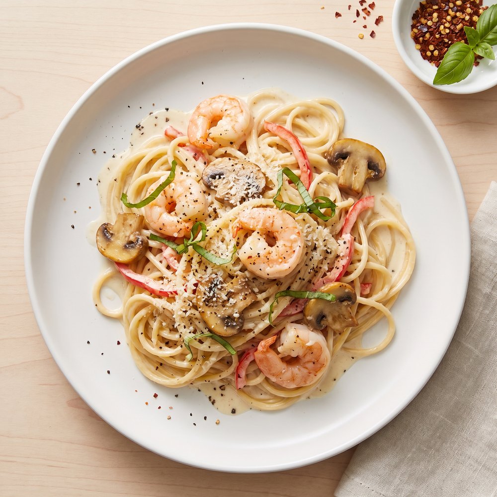 Velvety Shrimp Pasta Primavera
