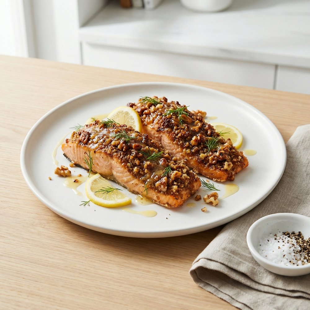 Walnut-Dill Crusted Salmon Fillets with Lemon