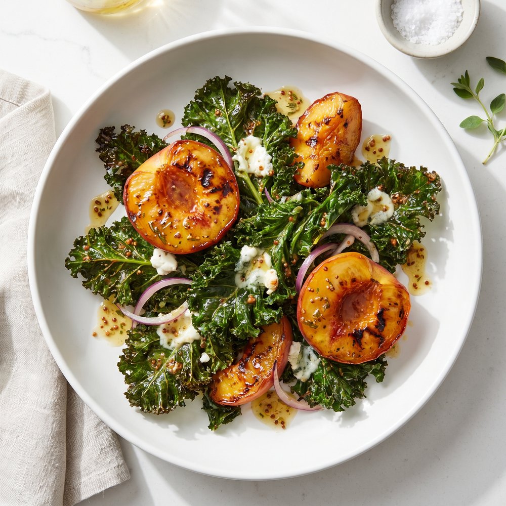 Warm Grilled Peach and Kale Salad