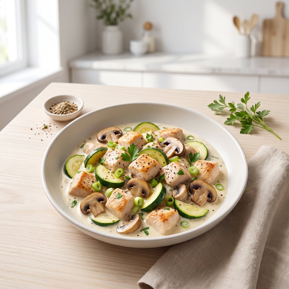 Weeknight Chicken with Mushrooms and Zucchini in Creamy Sauce