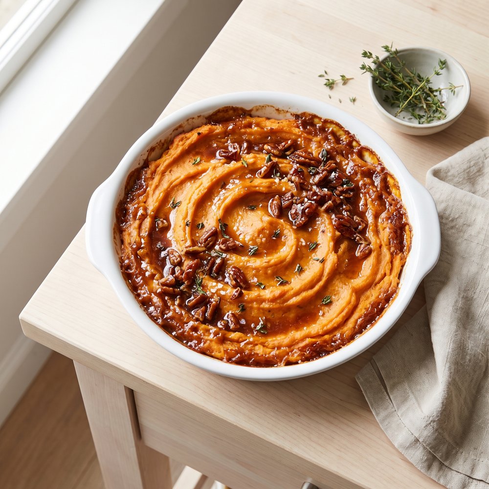 Whiskey-Kissed Sweet Potato Casserole with Candied Pecans