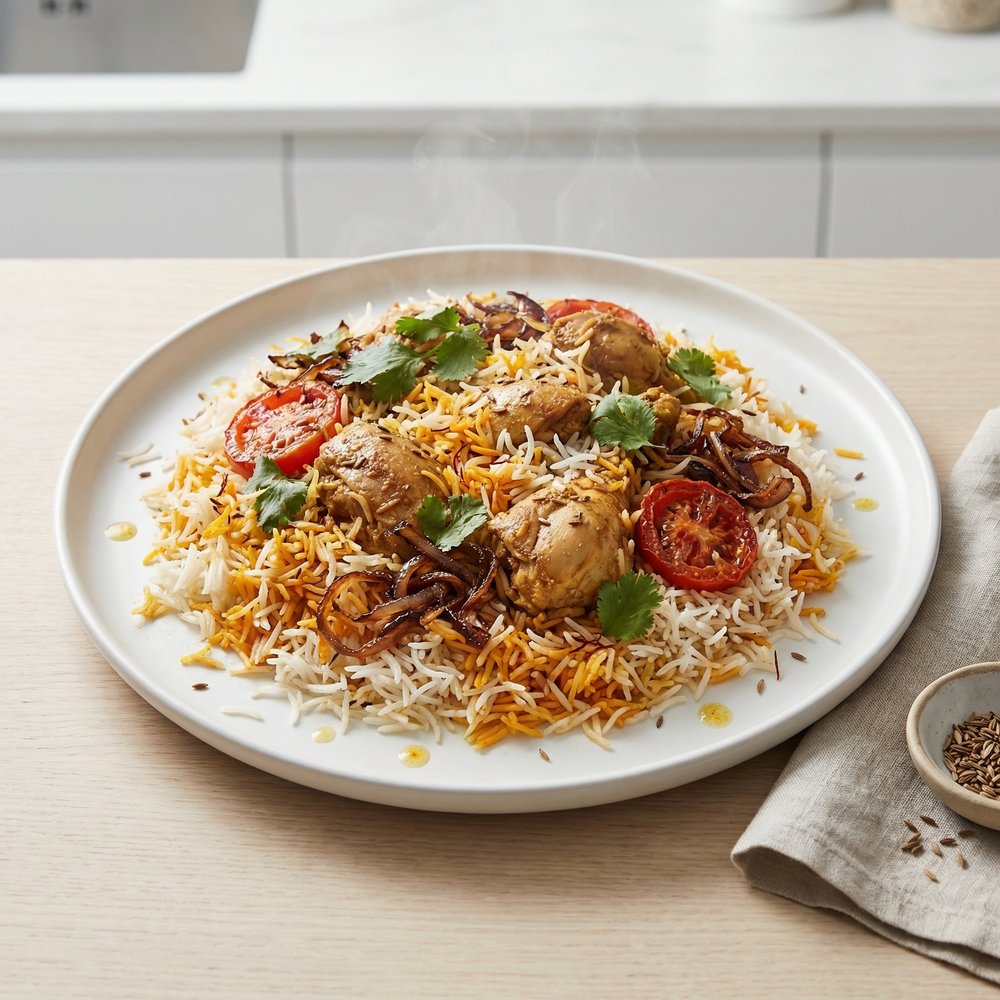 Yogurt-Marinated Chicken Biryani with Saffron Rice