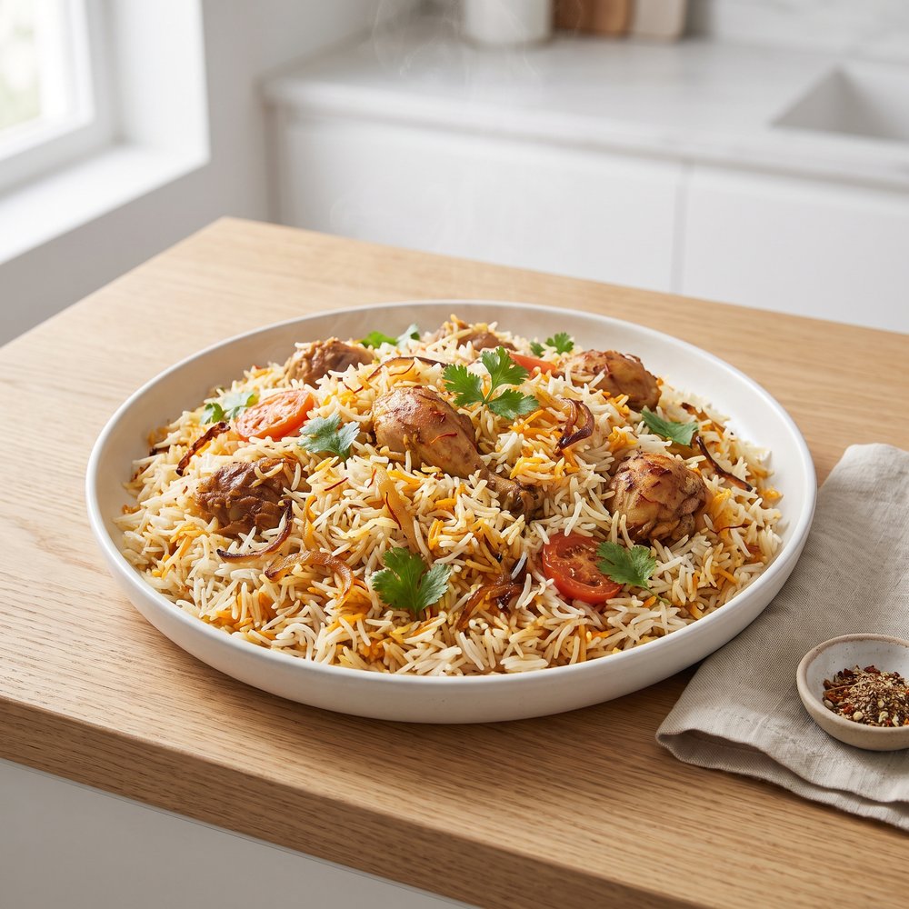 Yogurt-Marinated Chicken Biryani with Saffron Rice