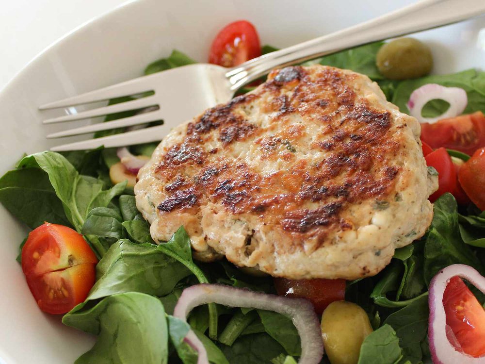 Feta-Stuffed Chicken Burgers with Oregano