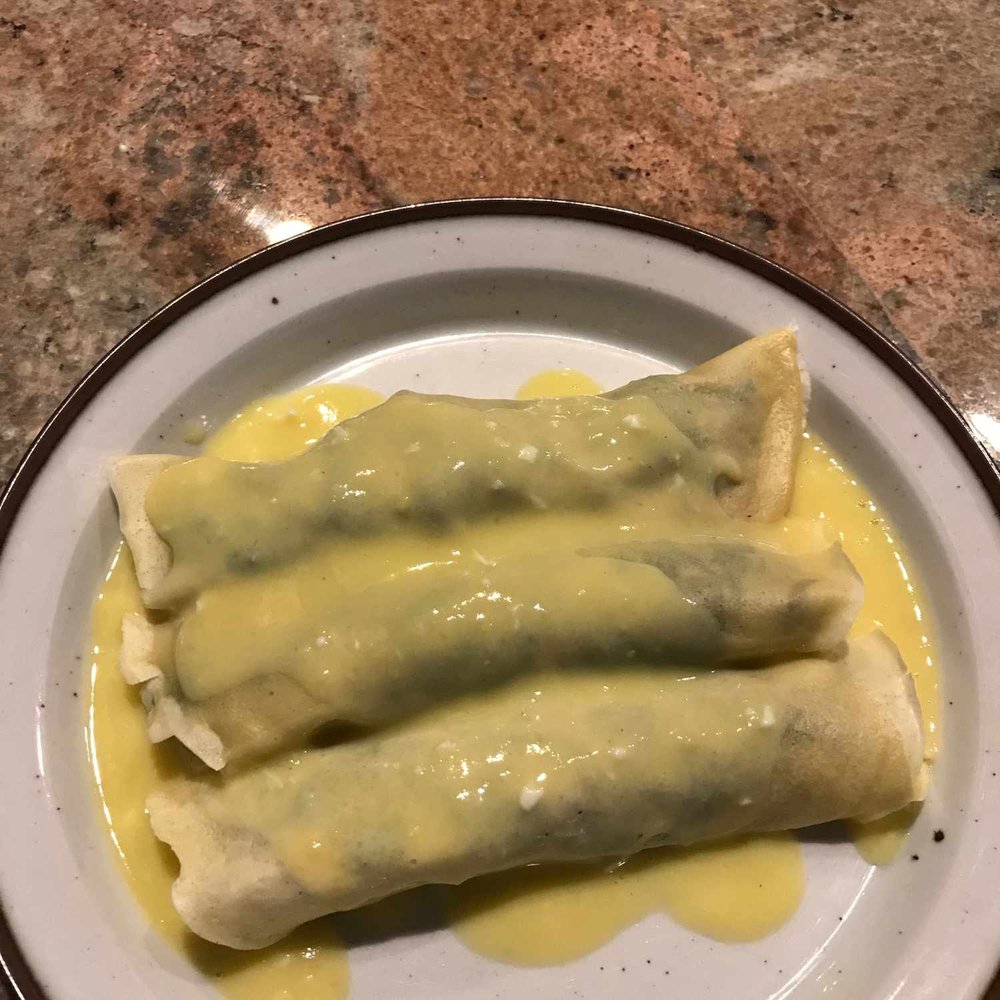 Crepes Filled with Spinach, Bacon, and Mushrooms