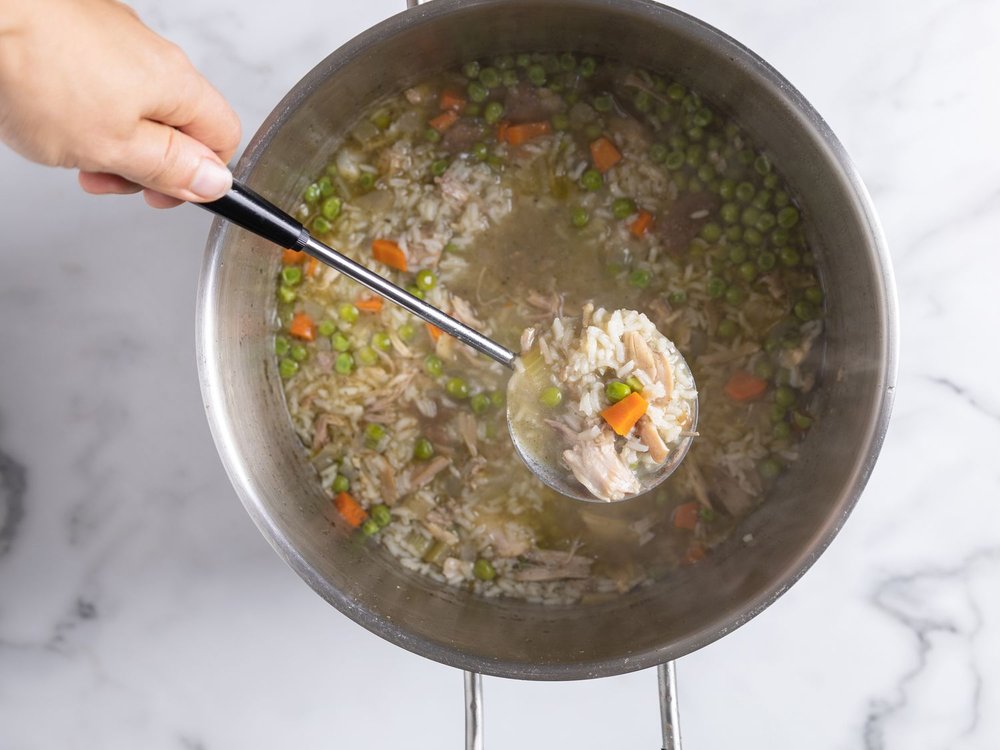 Leftover Turkey Carcass Soup with Rice and Peas